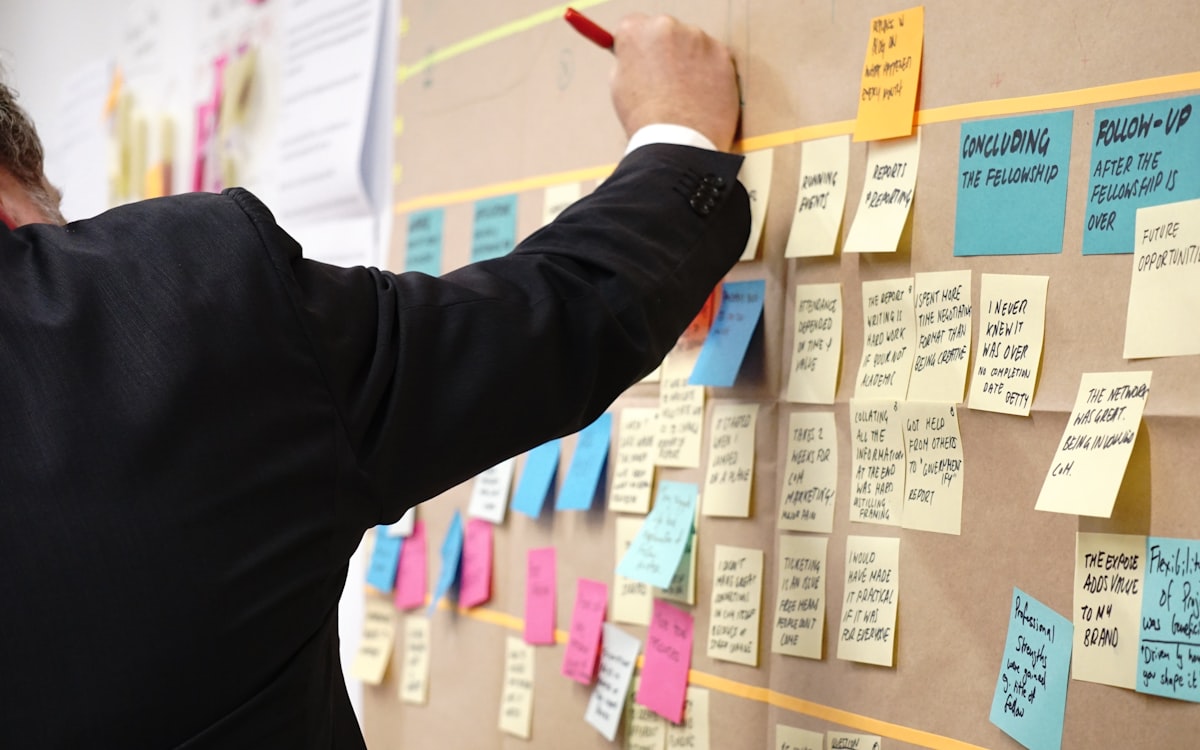 Profissional organizando post-its em um quadro de planejamento do funil de vendas